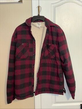 True Craft Men's Burgundy and Black Plaid Sherpa Shirt Jacket